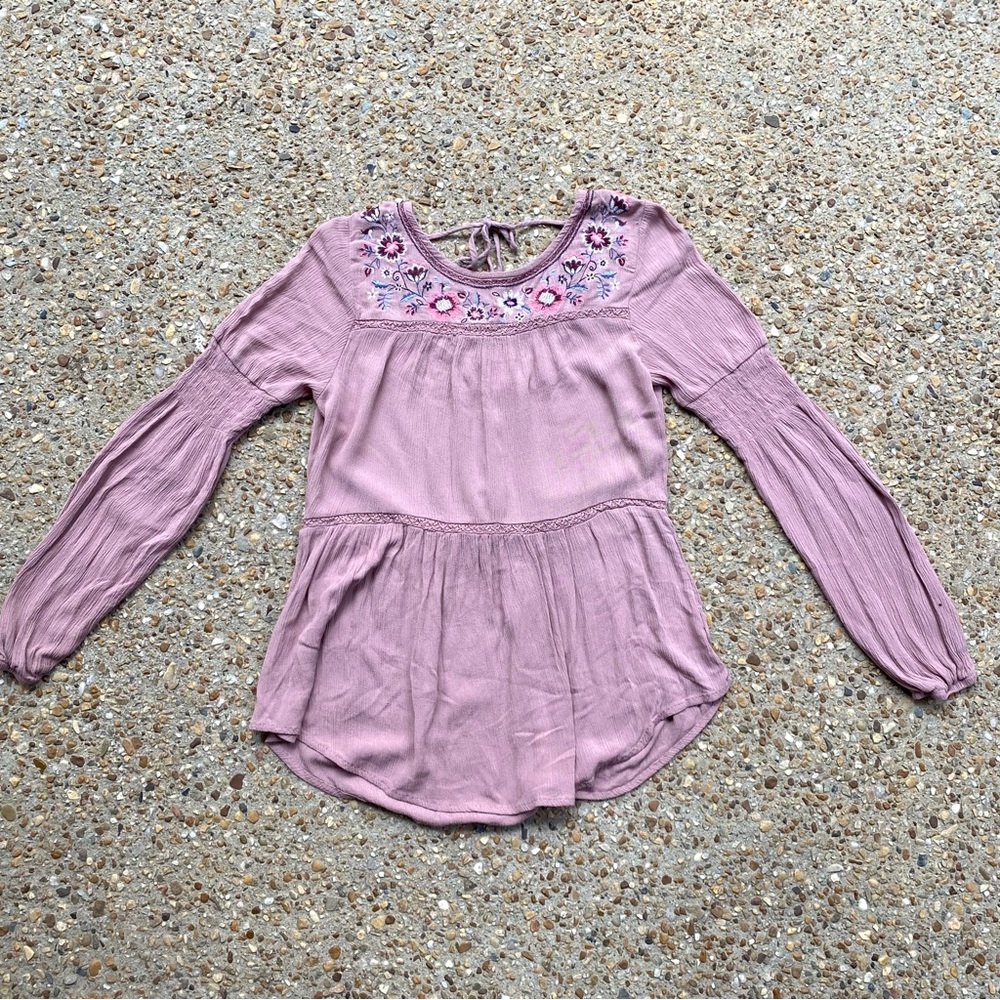 Knox Rose Boho Floral Embroidered Tassel Dusty Rose Blouse Size M